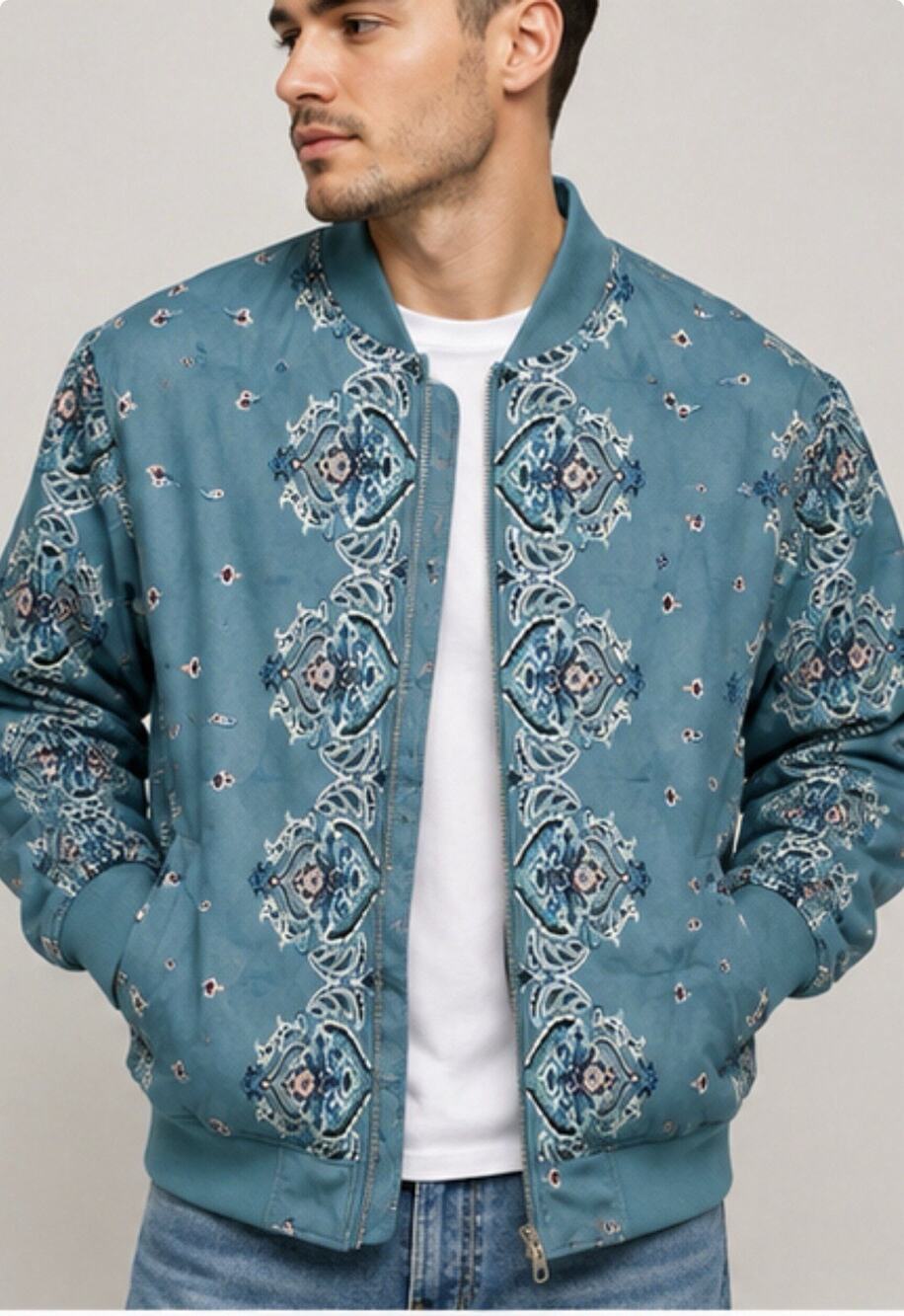 Consequence Paisley Bomber Jacket Men’s XL Blue Full Zip Fleece Lined Streetwear